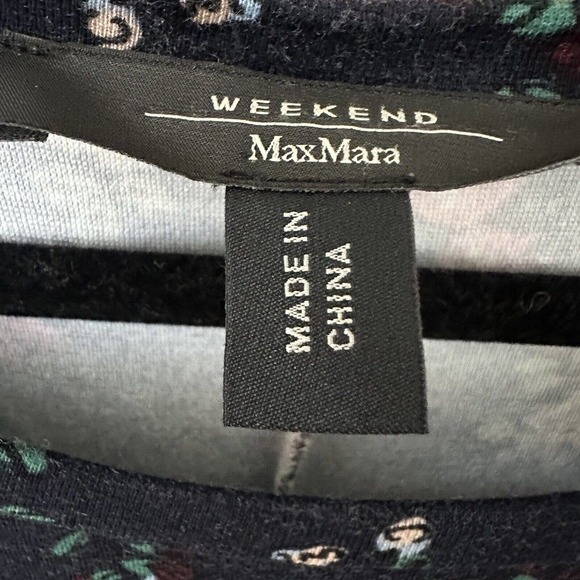 Weekend Max Mara Midi Bird Dress Floral Ruched Long Sleeve Round Neck Navy Small - Picture 3 of 5